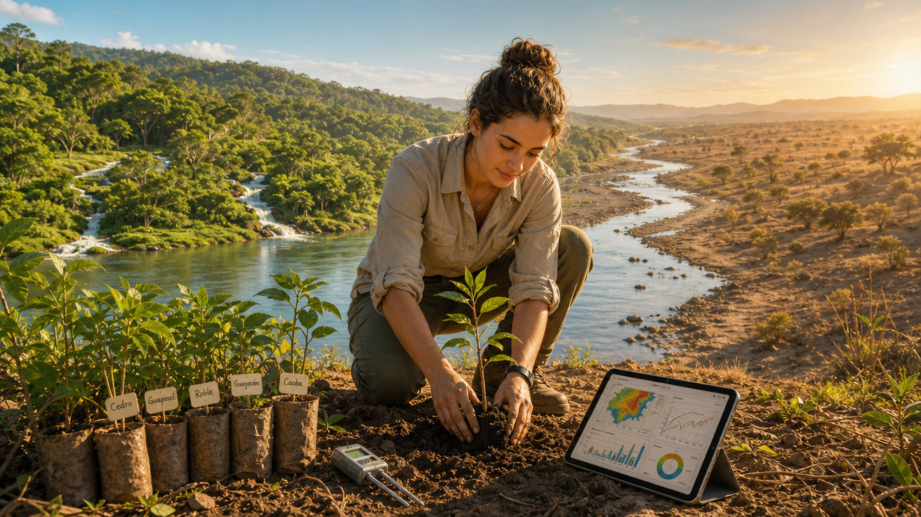 Mulher plantando muda à beira de rio com notebook e plantas identificadas em sacos de plástico.