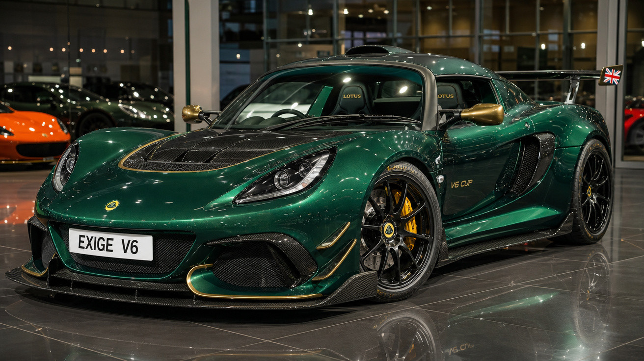 Carro esportivo Lotus Exige V6 verde com detalhes dourados em showroom moderno e iluminado.