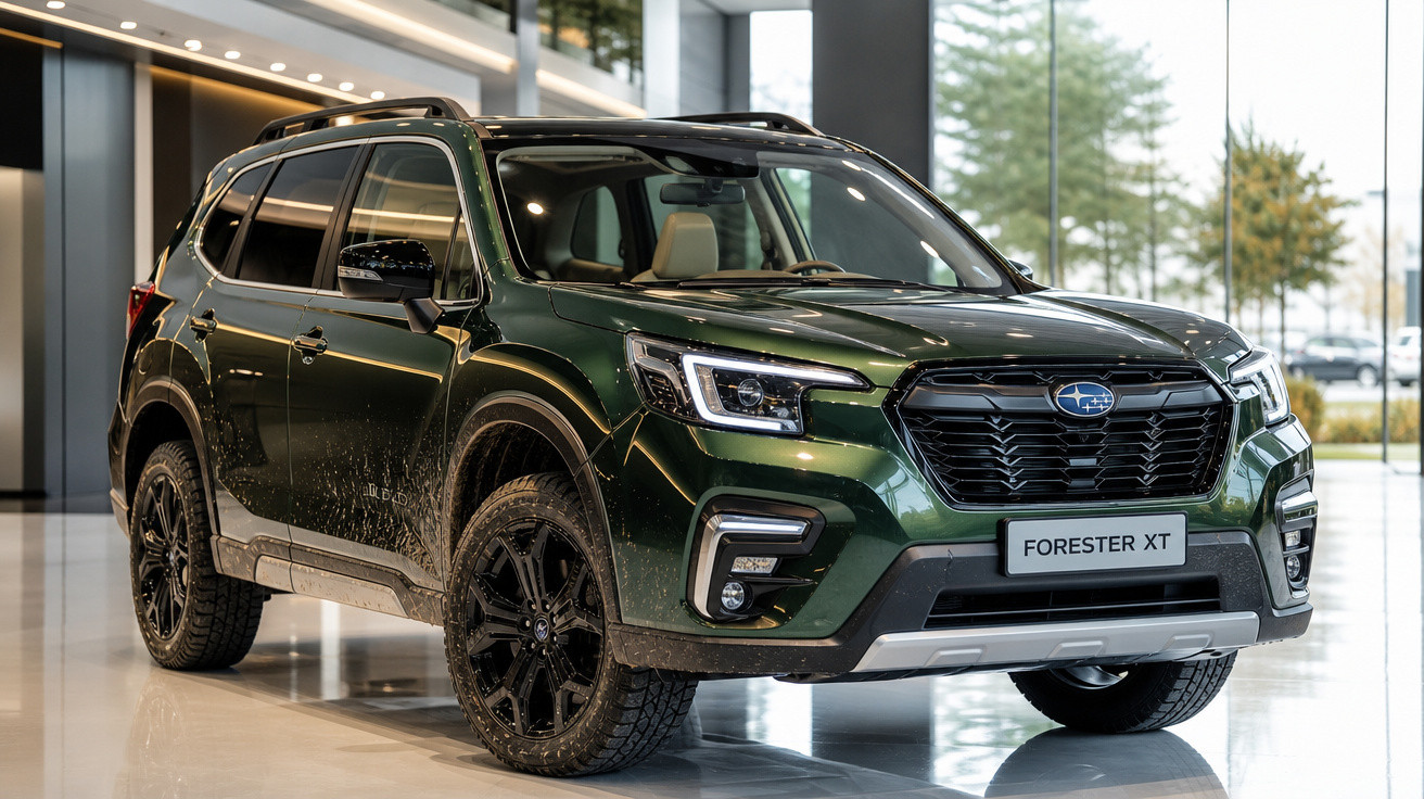 SUV Subaru Forester XT verde escuro com pneus off-road em showroom moderno.
