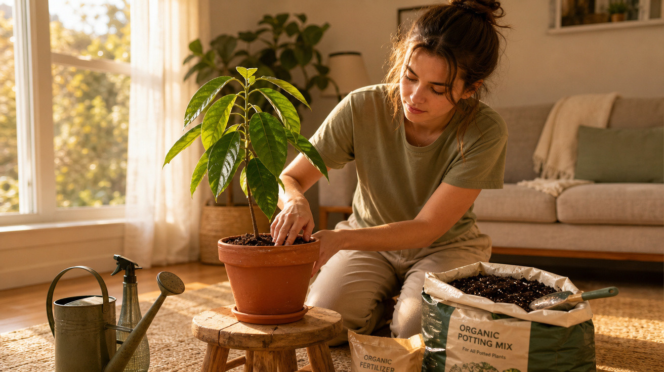 Mulher cuidando de planta em vaso dentro de casa, com equipamentos de jardinagem ao redor.