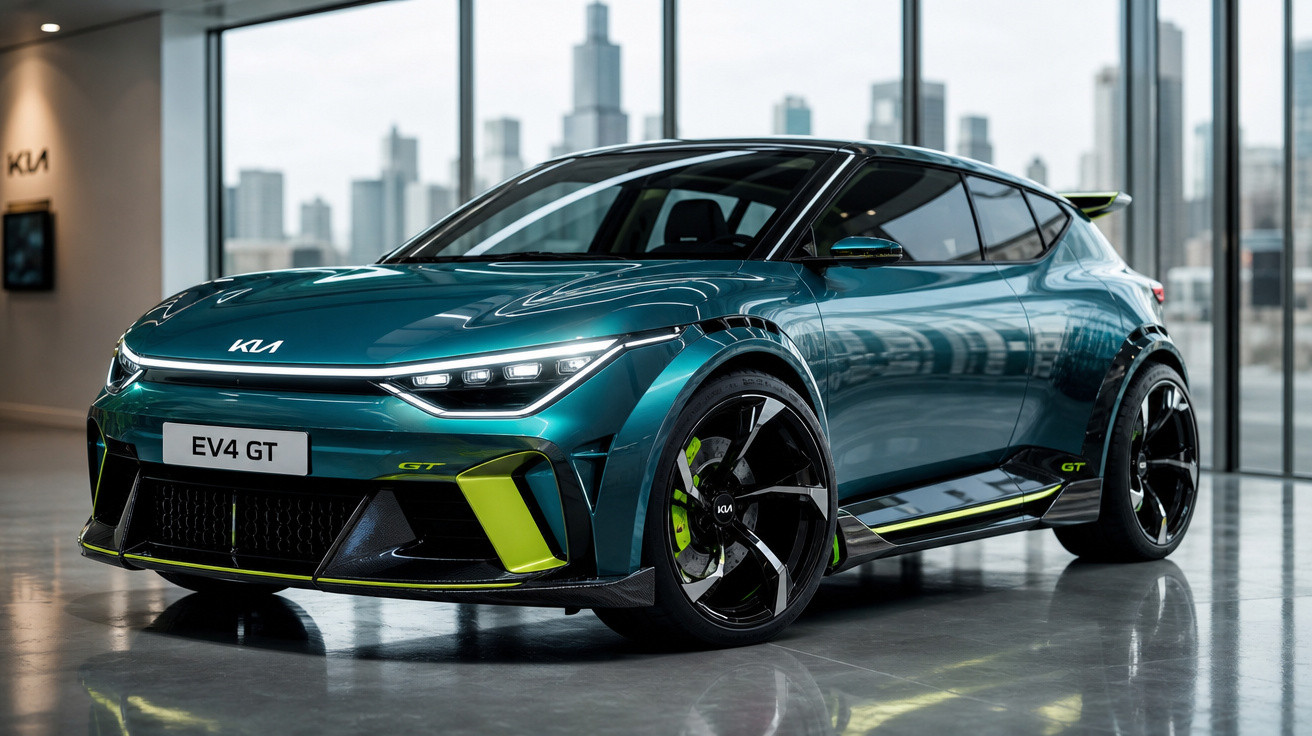 Carro esportivo elétrico Kia EV4 GT verde metálico em showroom com janelas e cidade ao fundo.