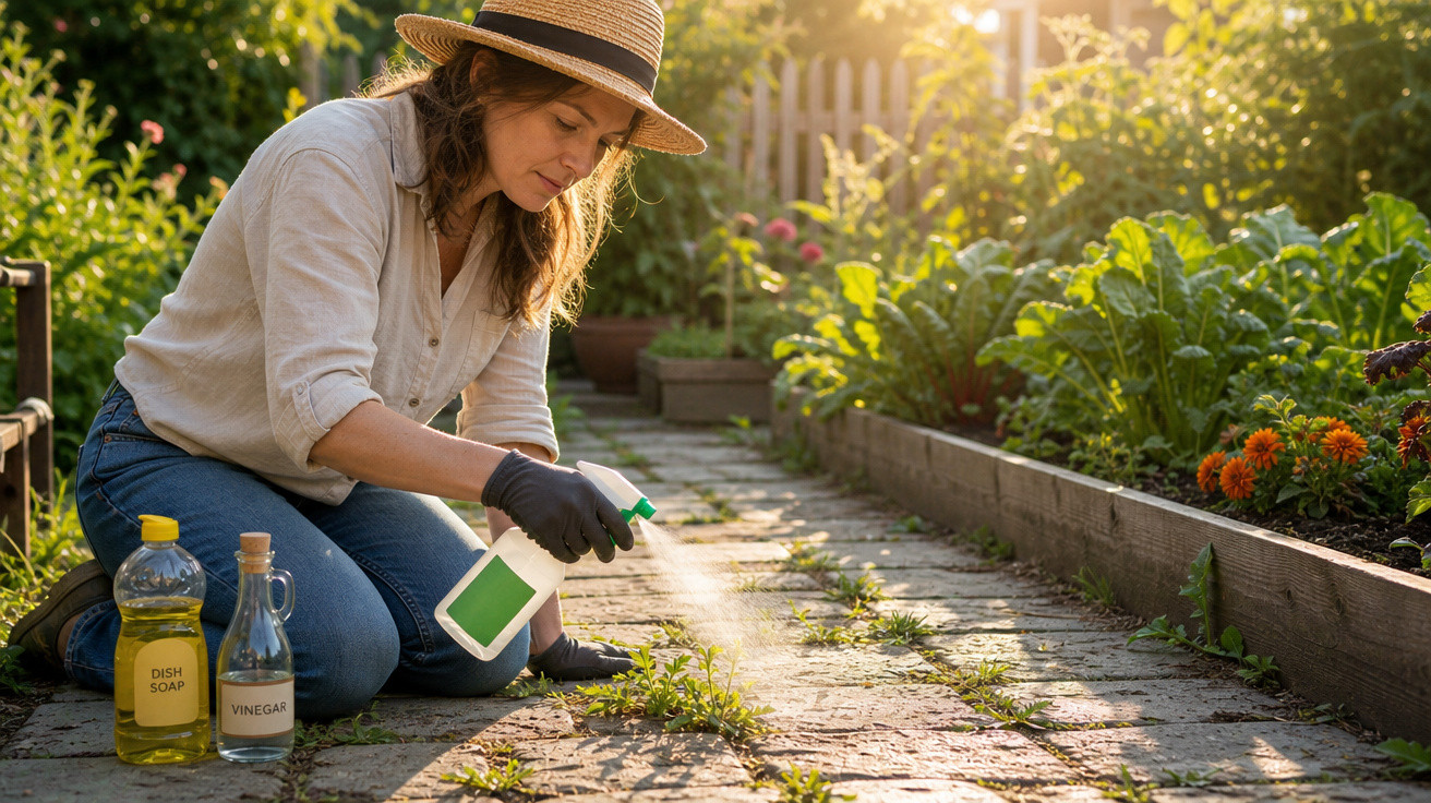 Mulher com chapéu regando plantas daninhas em jardim com garrafas de sabão e vinagre ao lado.