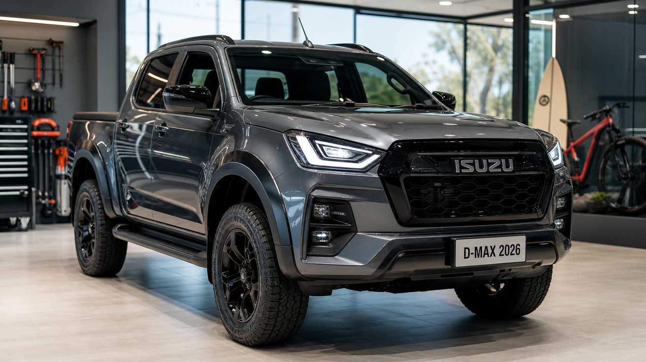Picape Isuzu D-Max 2026 cinza com rodas pretas exposta em loja moderna.