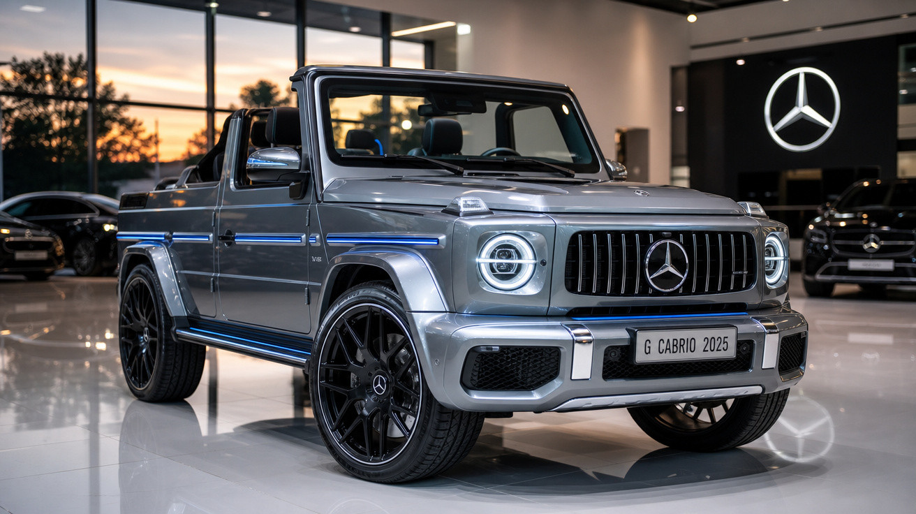 Mercedes-Benz G Cabrio 2025 prata em showroom moderno com detalhes em preto e faróis acesos.