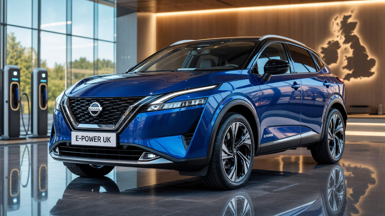 Carro SUV elétrico azul Nissan E-POWER UK em showroom moderno com iluminação e painéis de vidro.