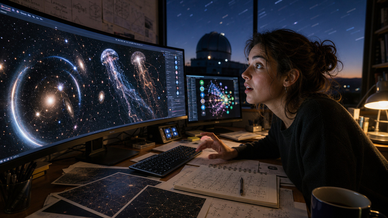 Mulher observa imagens espaciais em monitores ultrawide e notebooks em ambiente de observatório astronômico à noite.