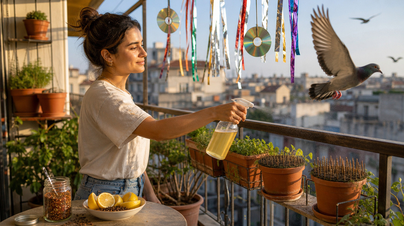 Mulher borrifando plantas na varanda enquanto pássaro voa próximo, com decoração pendurada e cidade ao fundo.