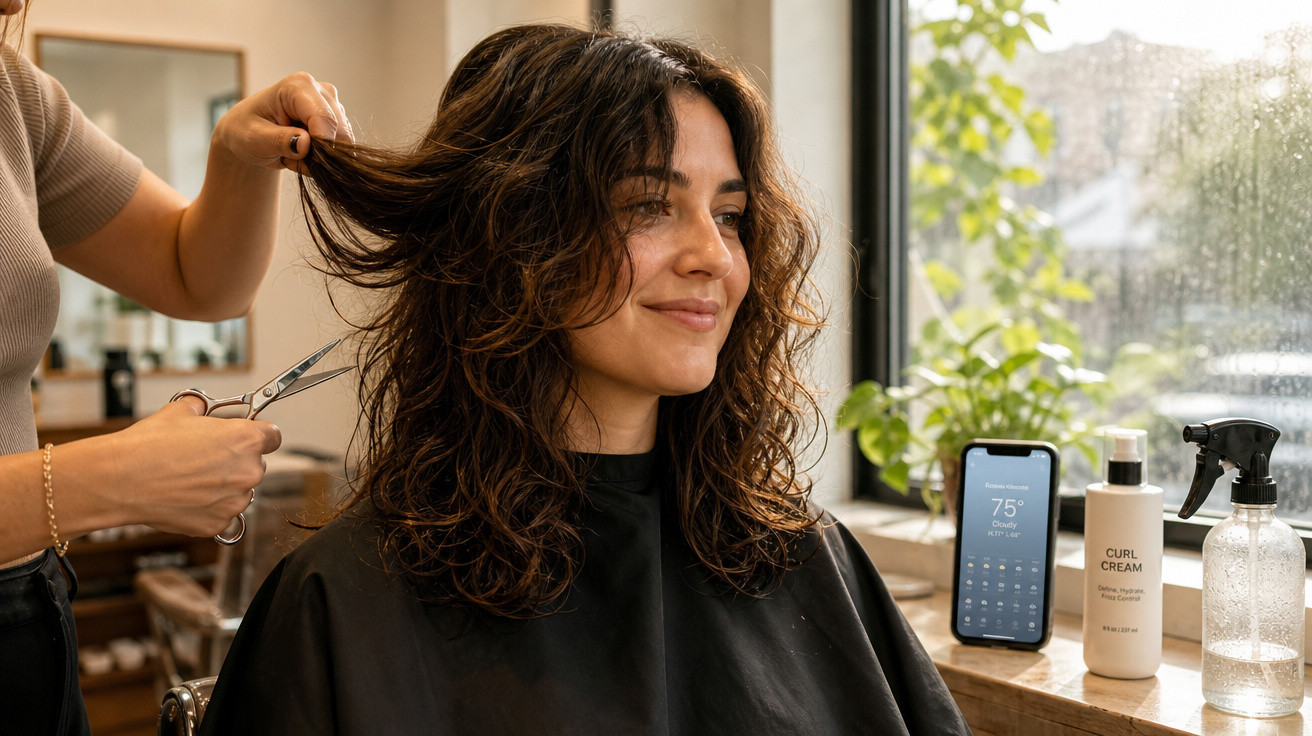 Mulher sorrindo recebe corte de cabelo cacheado em salão com produtos e celular na mesa ao lado da janela.