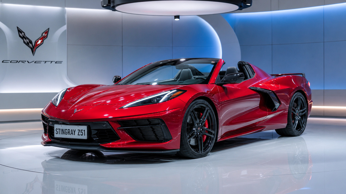 Carro esportivo vermelho Chevrolet Corvette Stingray Z51 conversível em exposição com iluminação moderna.