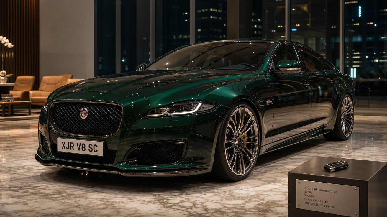 Carro esportivo Jaguar XJR V8 SC verde em exposição interna com detalhes de rodas e ambiente sofisticado.