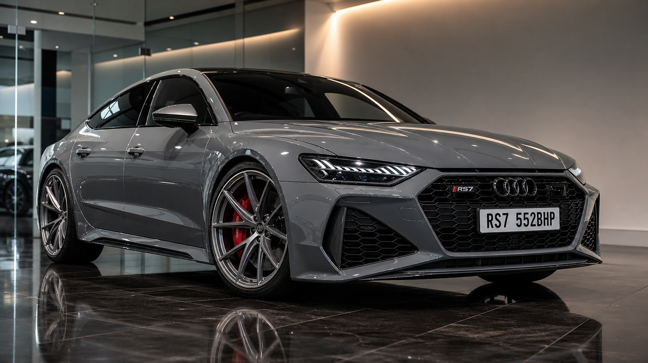 Carro Audi RS7 cinza estacionado em ambiente interno moderno com piso brilhante refletindo o carro.