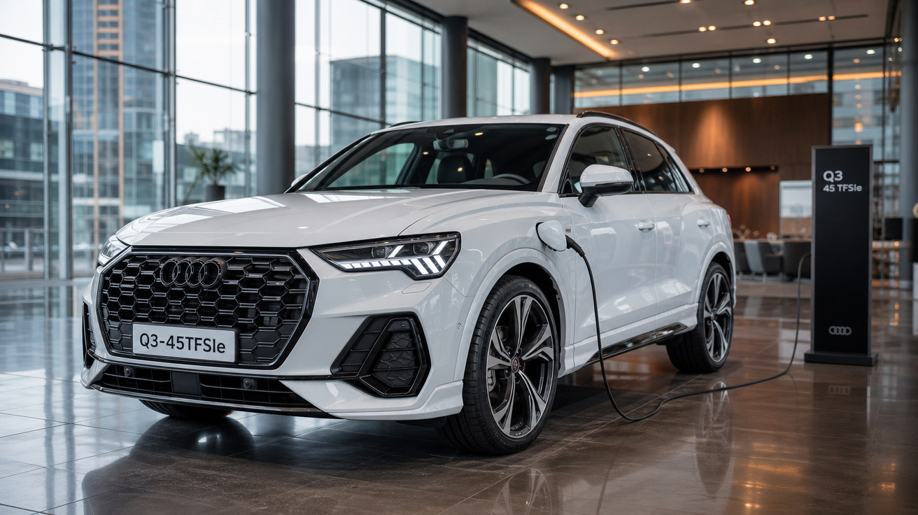 Carro Audi Q3 45 TFSIe branco sendo carregado em showroom moderno com grandes janelas de vidro.