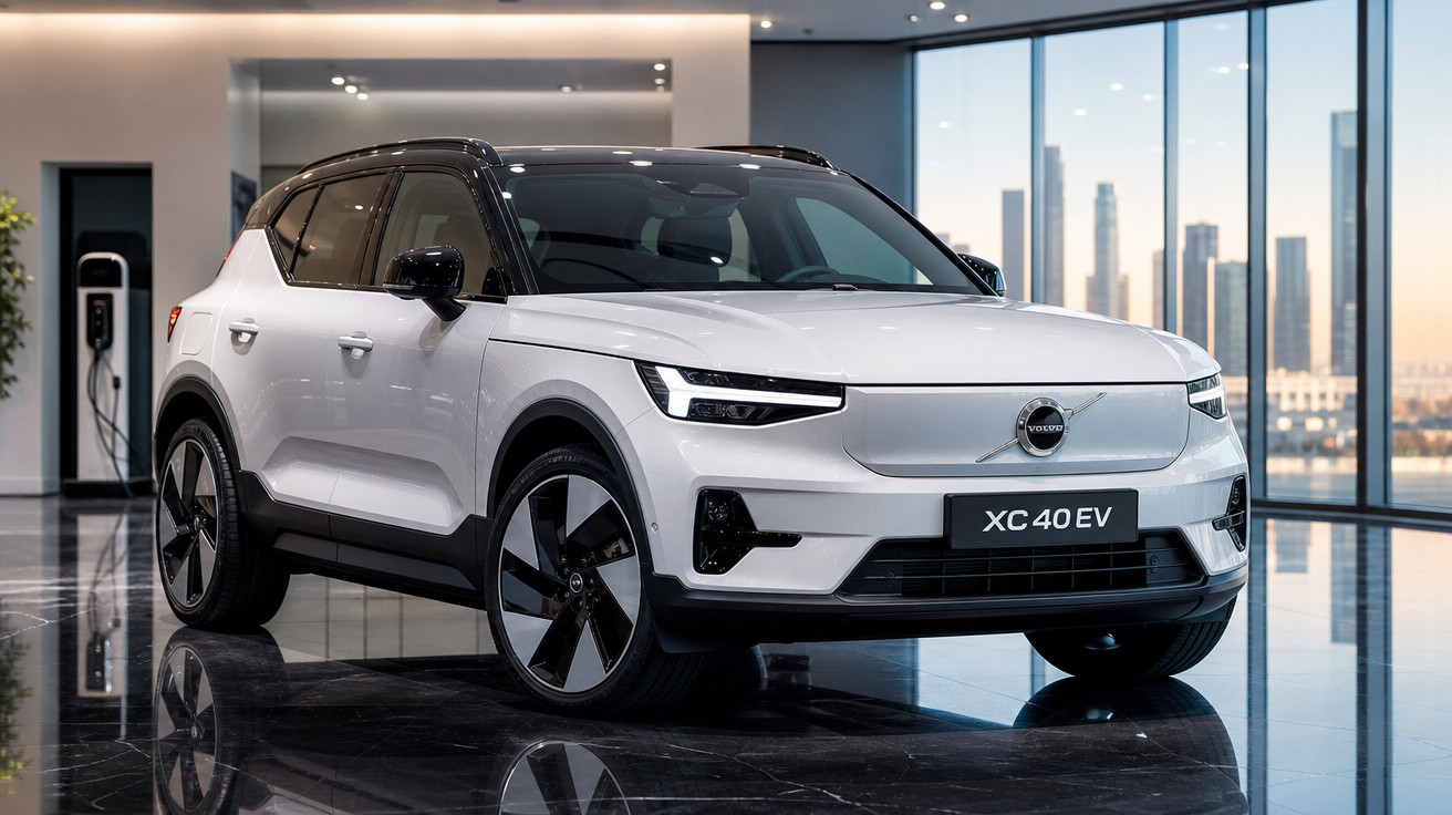 Carro elétrico Volvo XC 40 EV branco em showroom moderno com grandes janelas e vista urbana ao fundo.