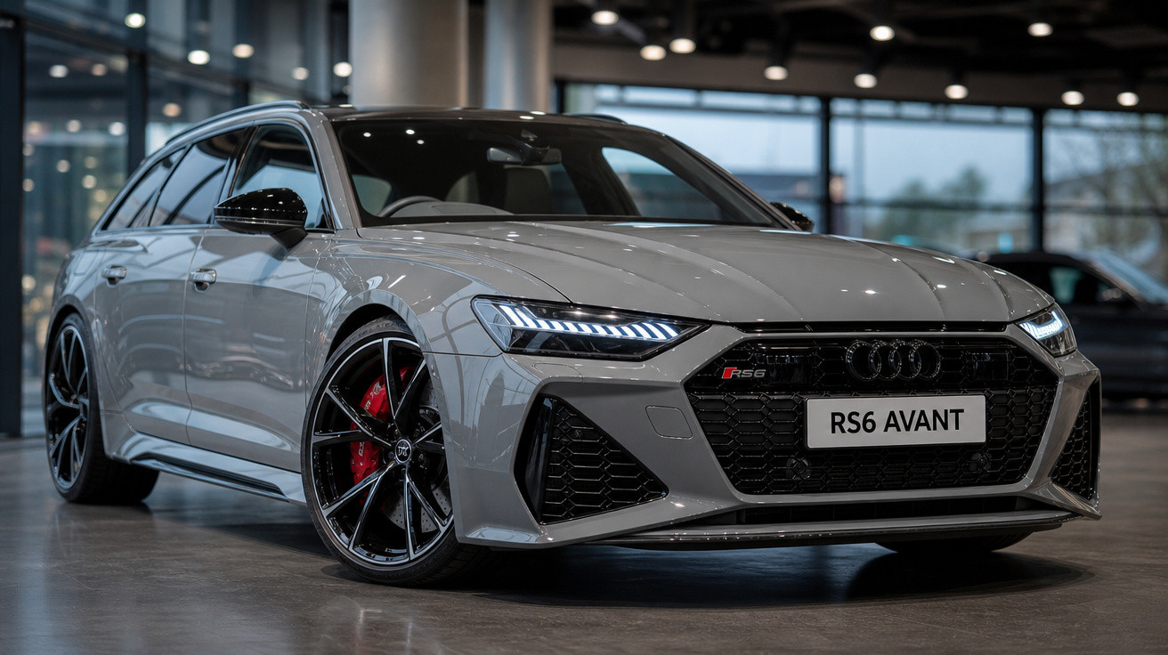 Audi RS6 Avant cinza estacionado em ambiente interno com rodas pretas e pinças de freio vermelhas.