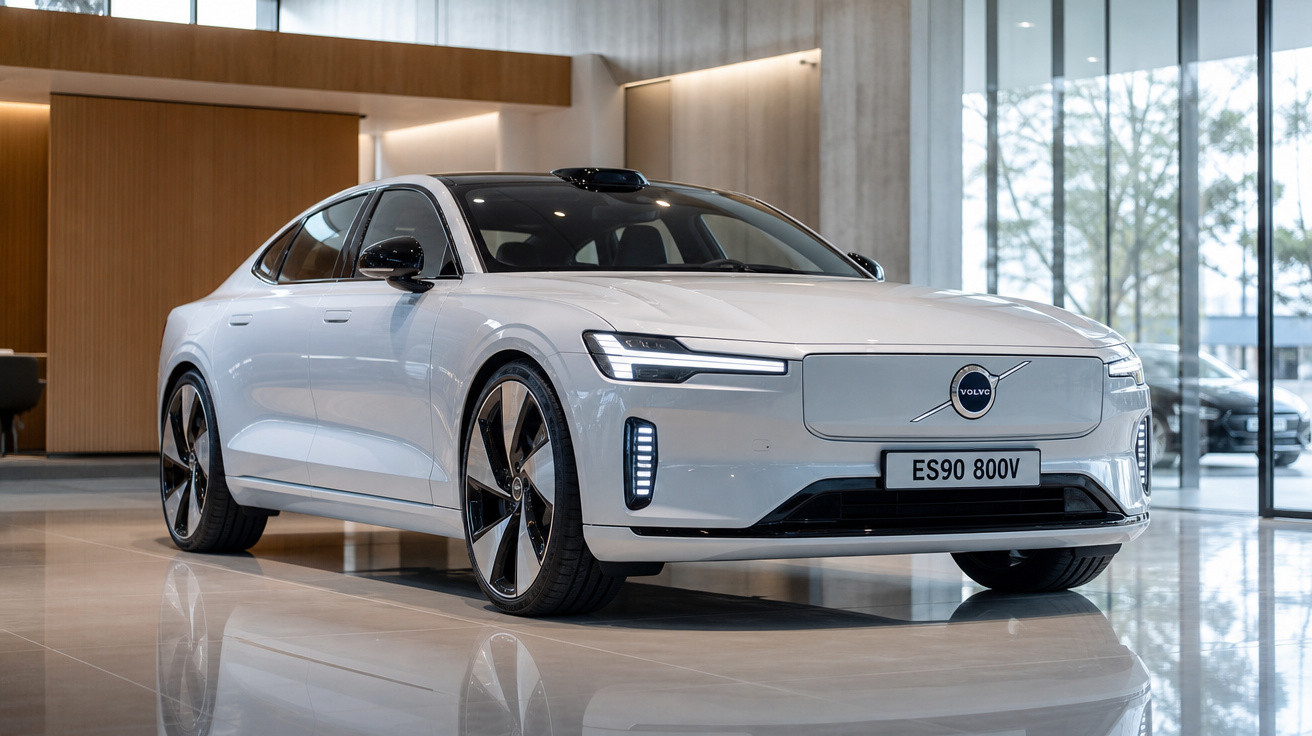 Carro elétrico Volvo branco modelo ES90 800V em showroom moderno com piso refletivo e paredes de vidro.