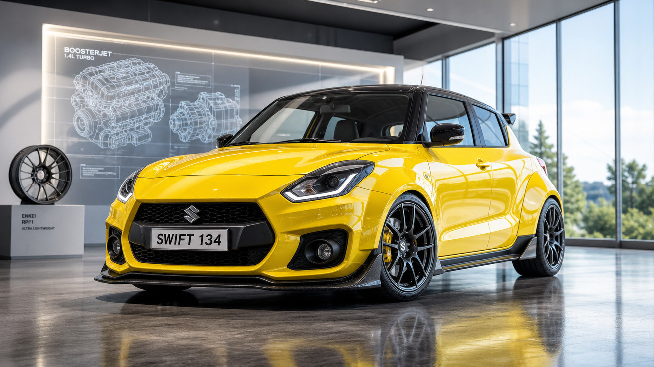 Carro esportivo amarelo Suzuki Swift 134 exposto em showroom moderno e iluminado.