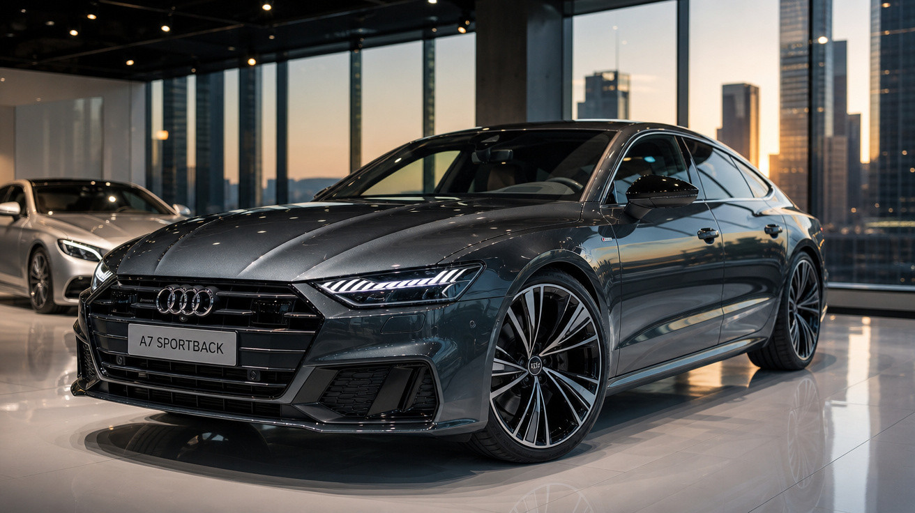 Audi A7 Sportback cinza em exposição dentro de showroom com prédio urbano ao fundo ao entardecer.