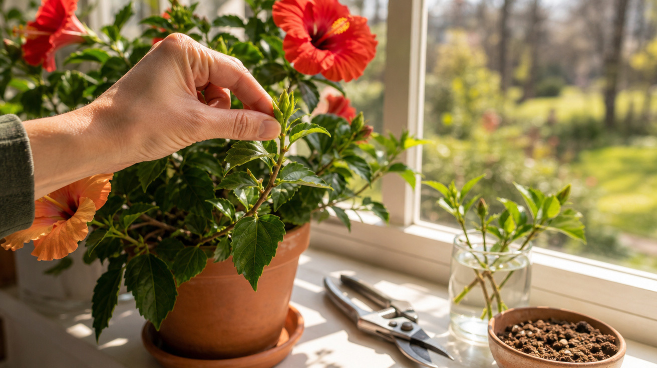 Mão podando planta de hibisco em vaso na janela, próxima a tesoura de poda, vidro com água e pote com terra.
