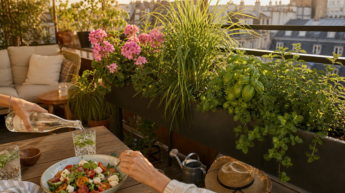 Varanda com plantas, mesa de madeira, salada, pessoas servindo bebida e sofá com almofadas ao fundo.