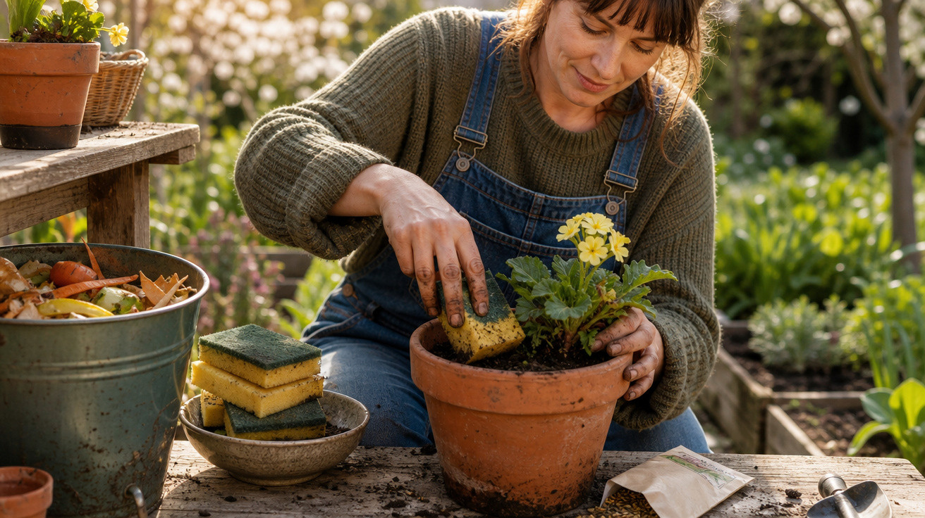 Mulher limpando vaso de planta com esponja enquanto cuida de flores amarelas em jardim.