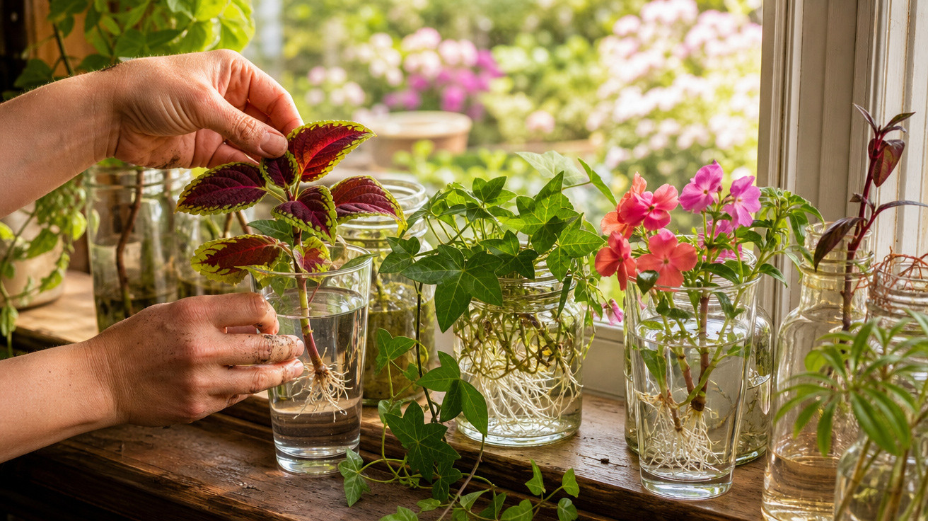 Mãos colocam muda de planta em copo com água entre outros vasos com plantas na janela ensolarada.