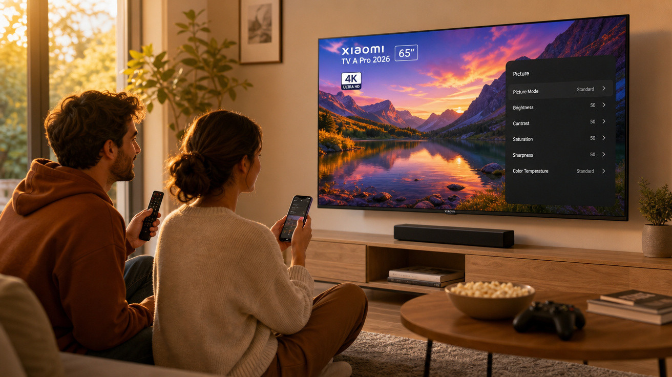 Casal sentado assistindo TV Xiaomi 65" 4K com paisagem de montanhas e rio ao pôr do sol.