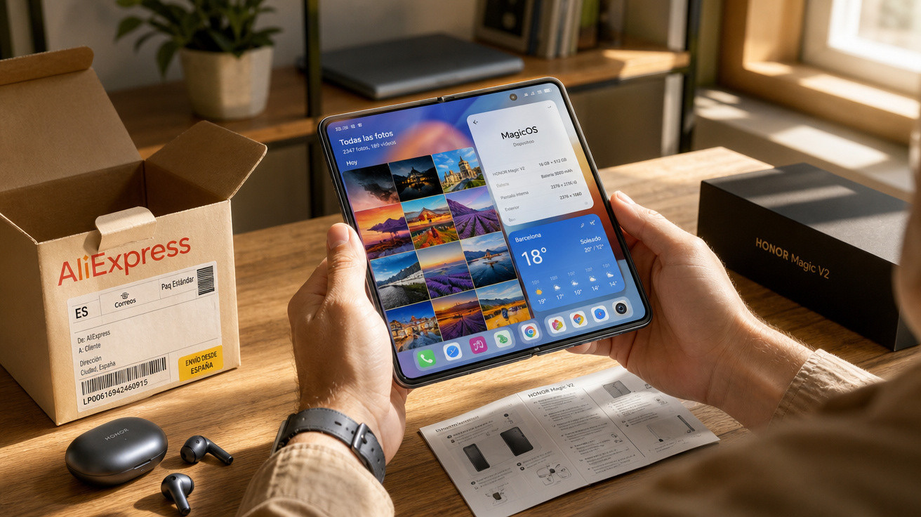 Pessoa segurando smartphone dobrável com tela grande exibindo fotos e informações, mesa com fones e caixa AliExpress.