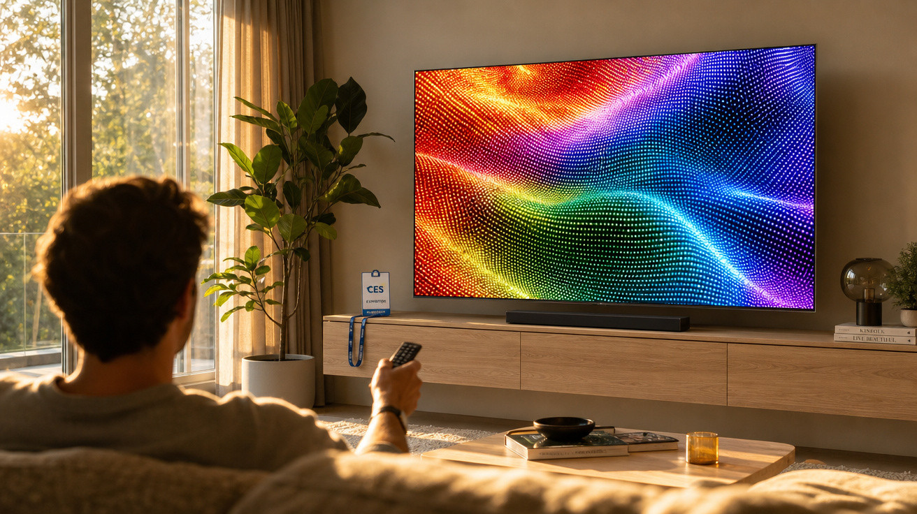 Homem sentado no sofá controla TV com imagens coloridas vibrantes em sala iluminada pela luz do sol.