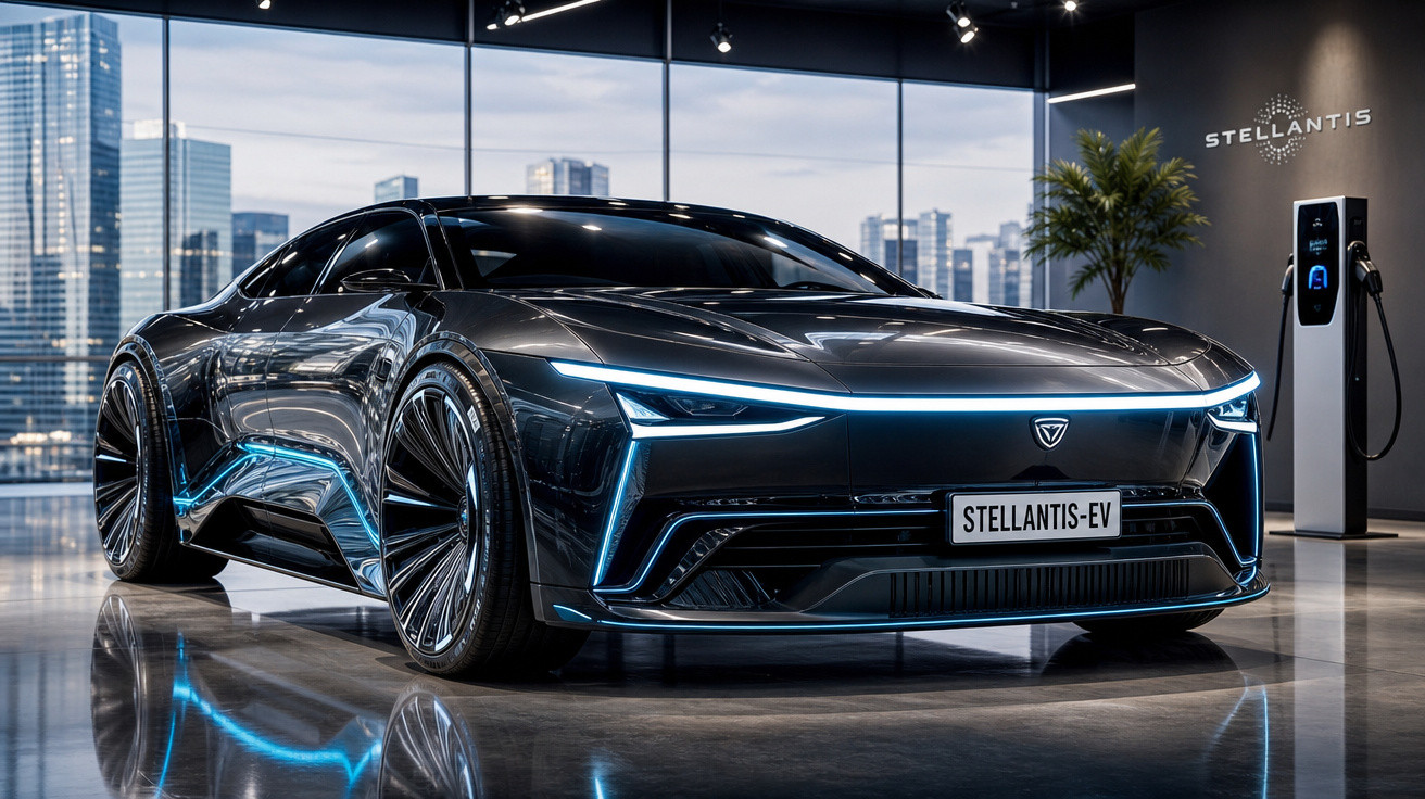 Carro elétrico esportivo preto Stellantis-EV estacionado em showroom moderno com vista para cidade.