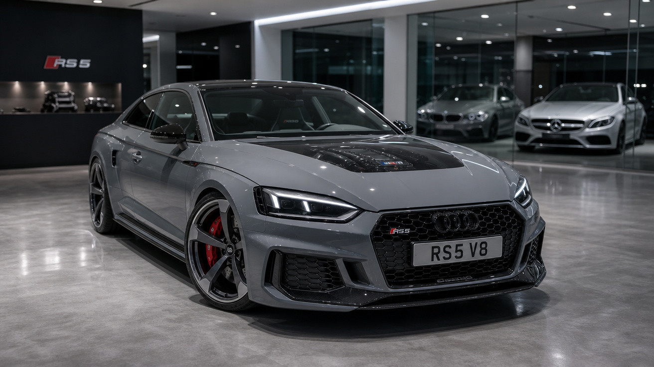 Carro esportivo Audi RS5 V8 cinza estacionado em showroom moderno com carros ao fundo.