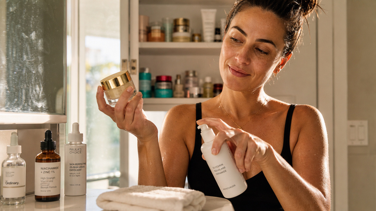 Mulher aplicando creme facial em ambiente iluminado, com diversos produtos de skincare ao fundo.