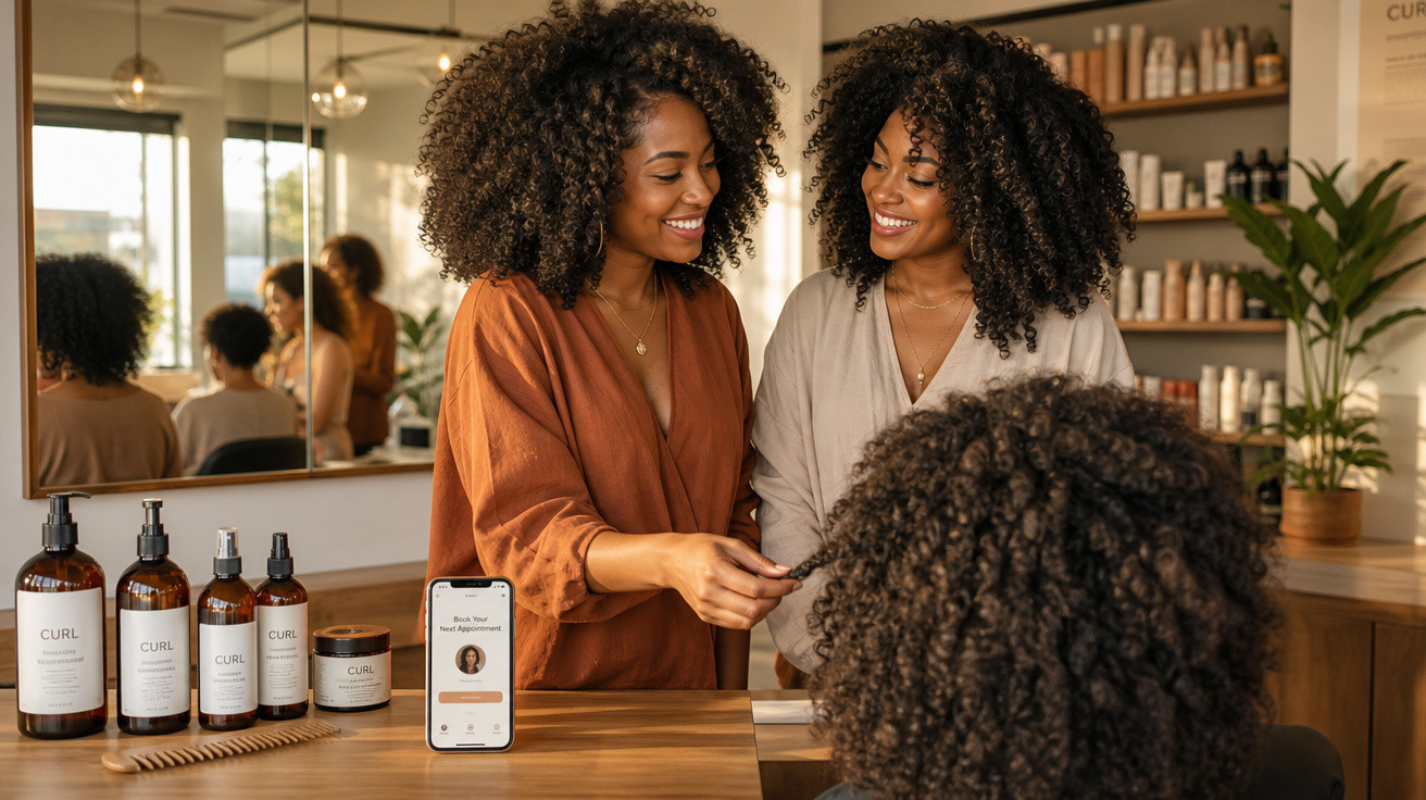 Duas mulheres sorrindo analisando cabelo cacheado de cliente em salão com produtos de cuidados capilares.