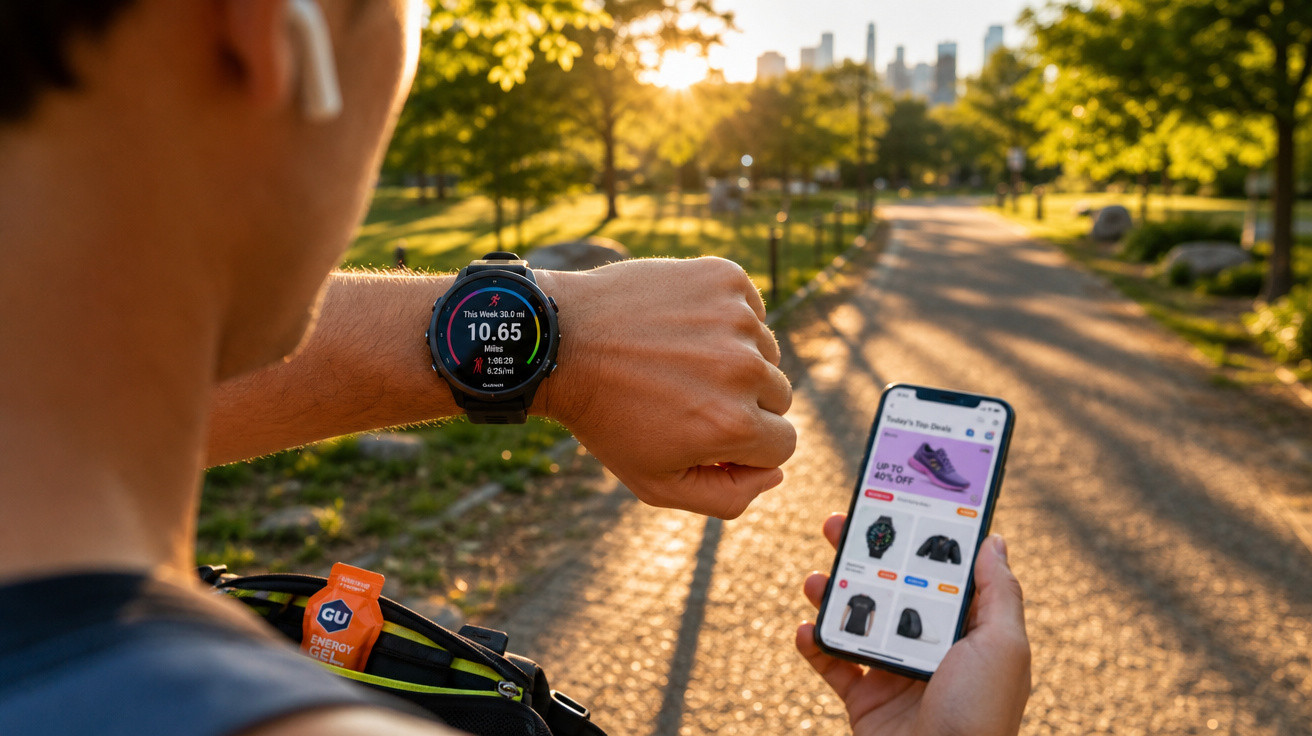 Pessoa ao ar livre conferindo smartwatch com app de corrida e celular mostrando ofertas de produtos esportivos.