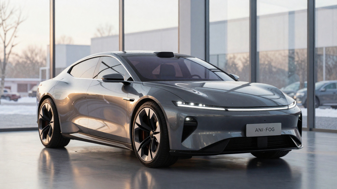 Carro esportivo elétrico cinza com design futurista em showroom com grandes janelas de vidro.