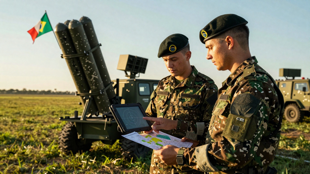 Dois soldados brasileiros analisando mapa e tablet em campo aberto, veículos militares e bandeiras do Brasil e Itália ao fund