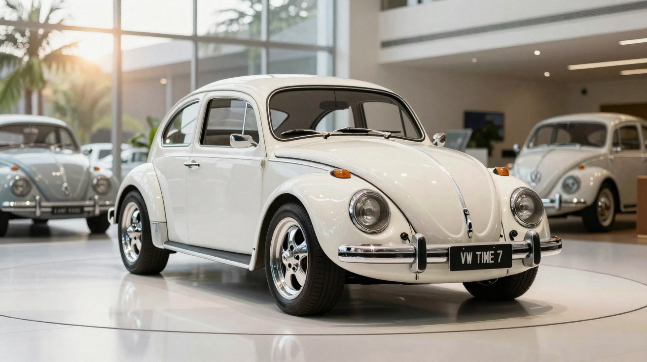 Carro clássico Volkswagen Fusca branco exposto em ambiente interno moderno com outros Fuscas ao fundo.