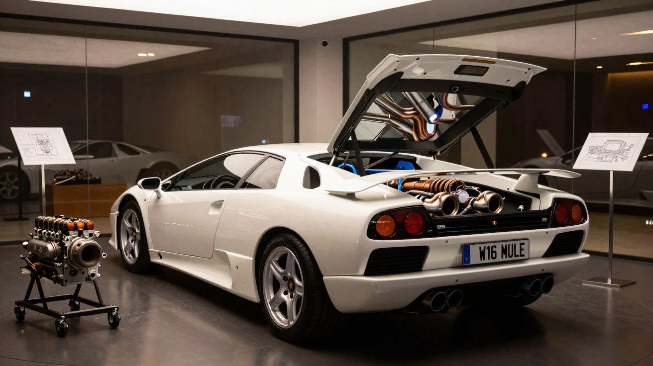 Carro esportivo branco com motor exposto sobre piso cinza em ambiente de museu com vidros e placas explicativas.