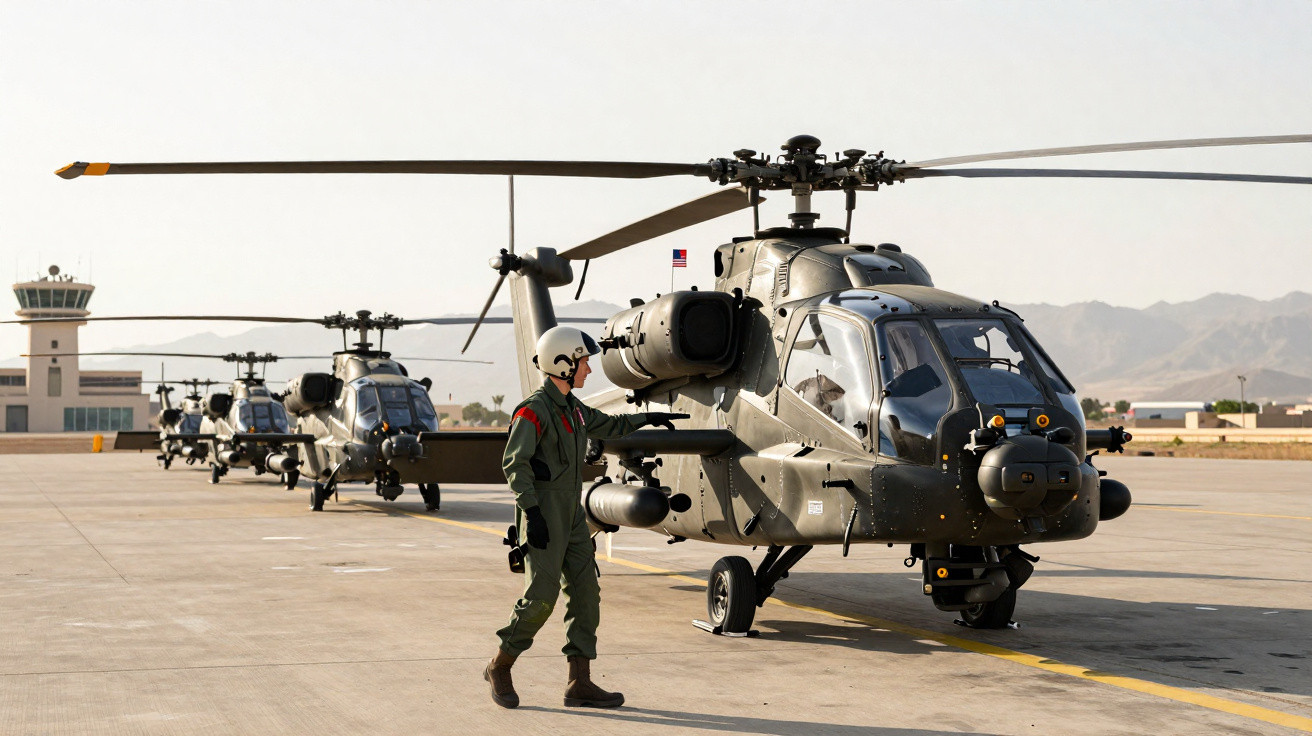 Soldado uniformizado ao lado de helicópteros militares estacionados em aeroporto com torre de controle ao fundo.