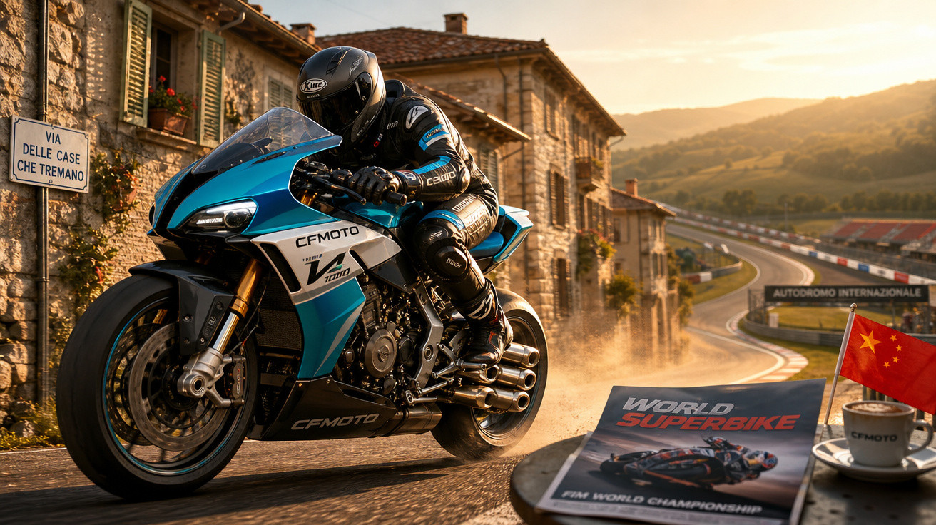 Moto esportiva azul e preta em alta velocidade em estrada próxima a edifícios rústicos ao pôr do sol.