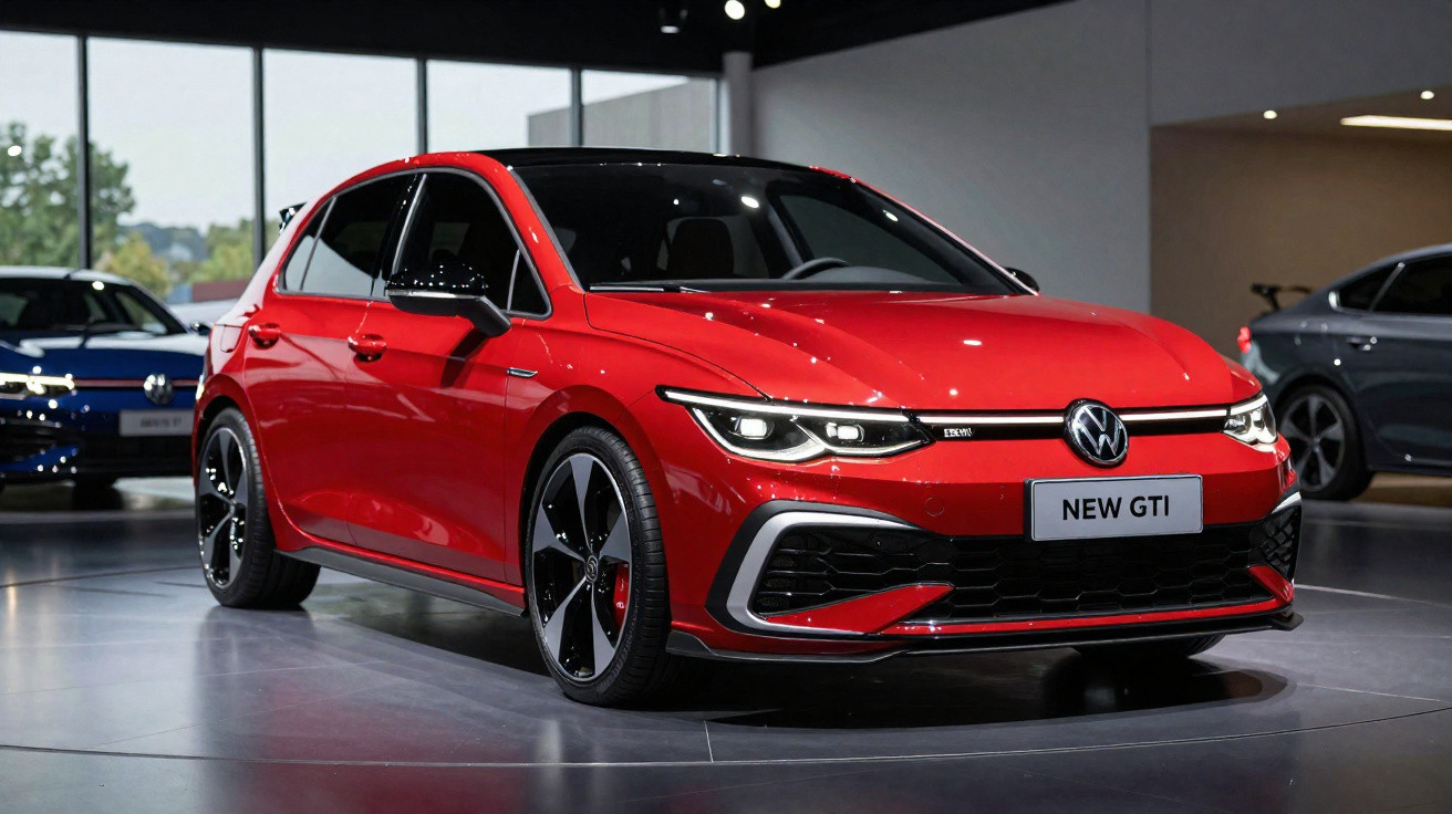 Carro hatch vermelho Volkswagen New GTI exibido em showroom moderno com iluminação interna.