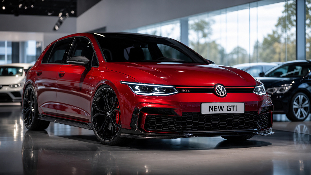 Carro esportivo Volkswagen New GTI vermelho em exposição em showroom moderno com iluminação natural.