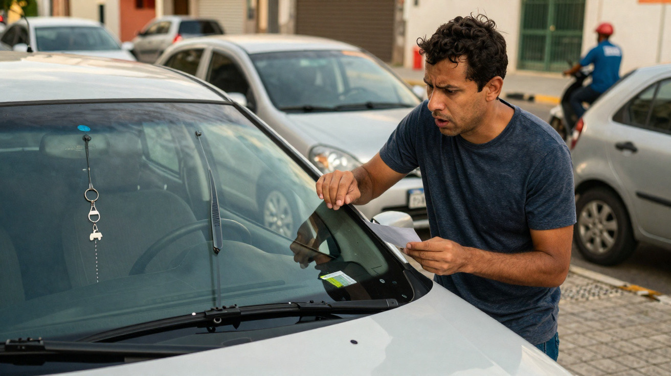 Homem lendo uma notificação de multa ao lado do para-brisa de um carro branco estacionado na rua.