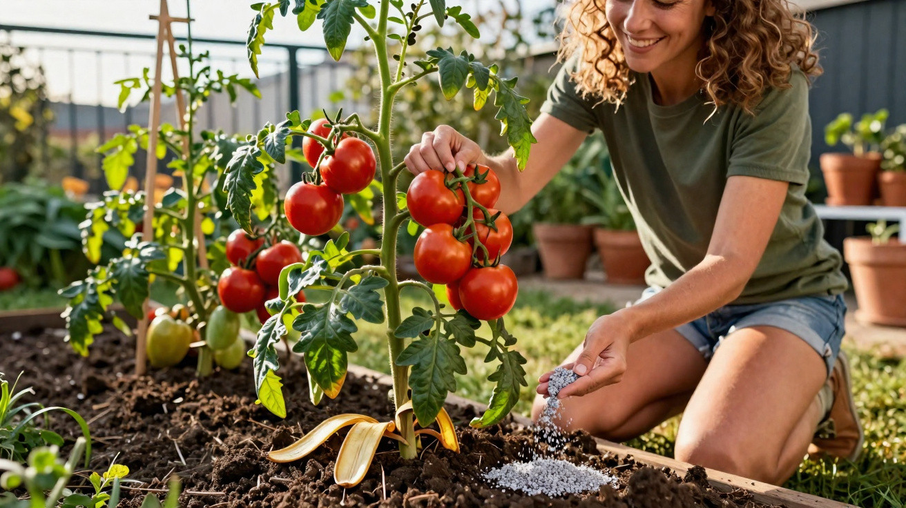 Mulher sorridente cuidando de tomateiras com tomates vermelhos maduros em horta caseira ao ar livre.
