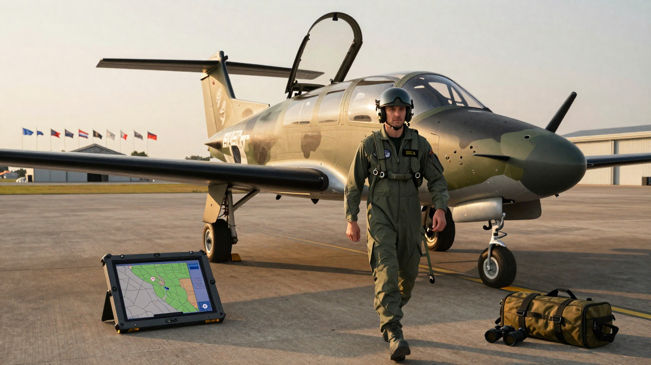 Piloto militar caminhando ao lado de avião camuflado em pista com tablet e mochila no chão.