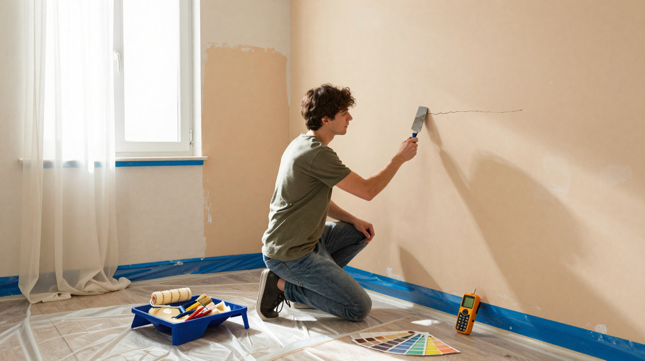 Homem reparando rachadura na parede em ambiente preparado para pintura.