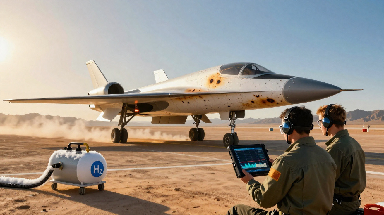 Aeronave experimental em pista de teste com dois técnicos observando dados em tablet, tanque marcado com H2.
