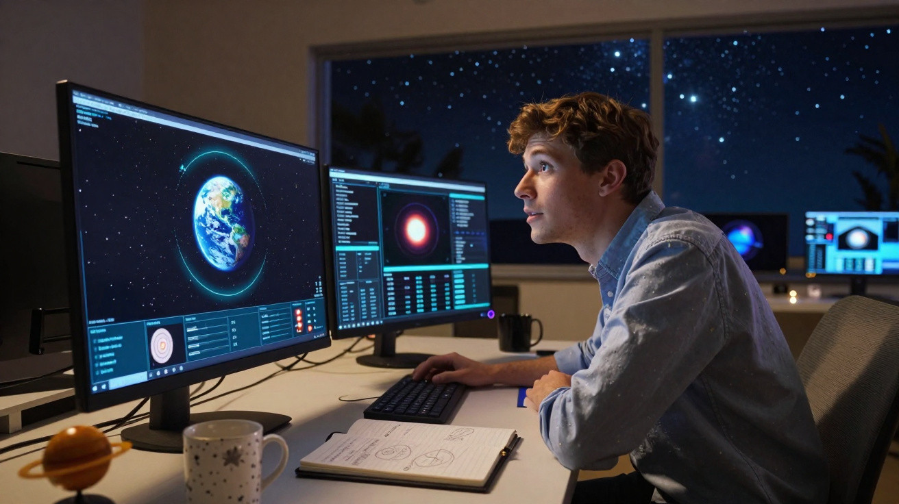 Jovem cientista observando dados espaciais da Terra em três monitores no laboratório à noite.