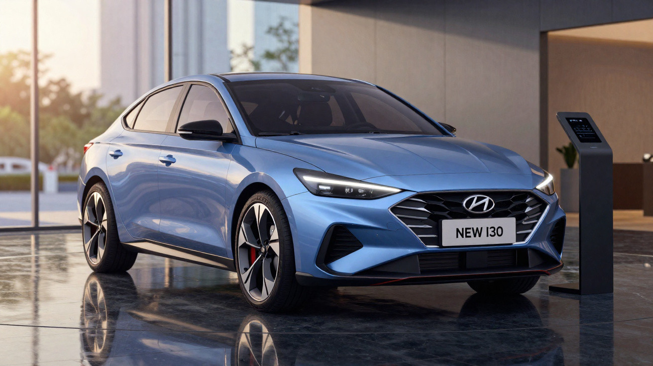 Carro Hyundai New i30 azul estacionado em ambiente moderno, com sinalização digital ao lado.