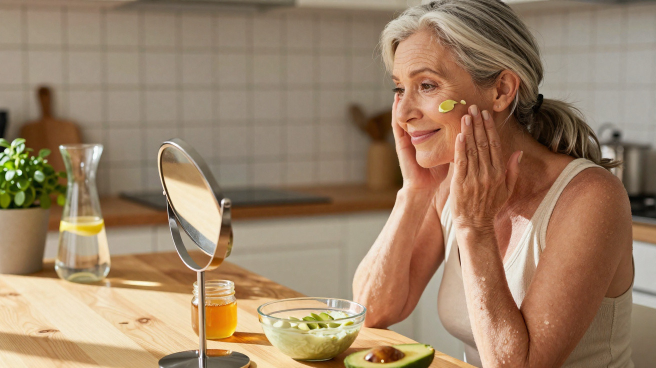 Mulher madura aplicando creme facial sentada à mesa de madeira com frutas e espelho em cozinha iluminada.