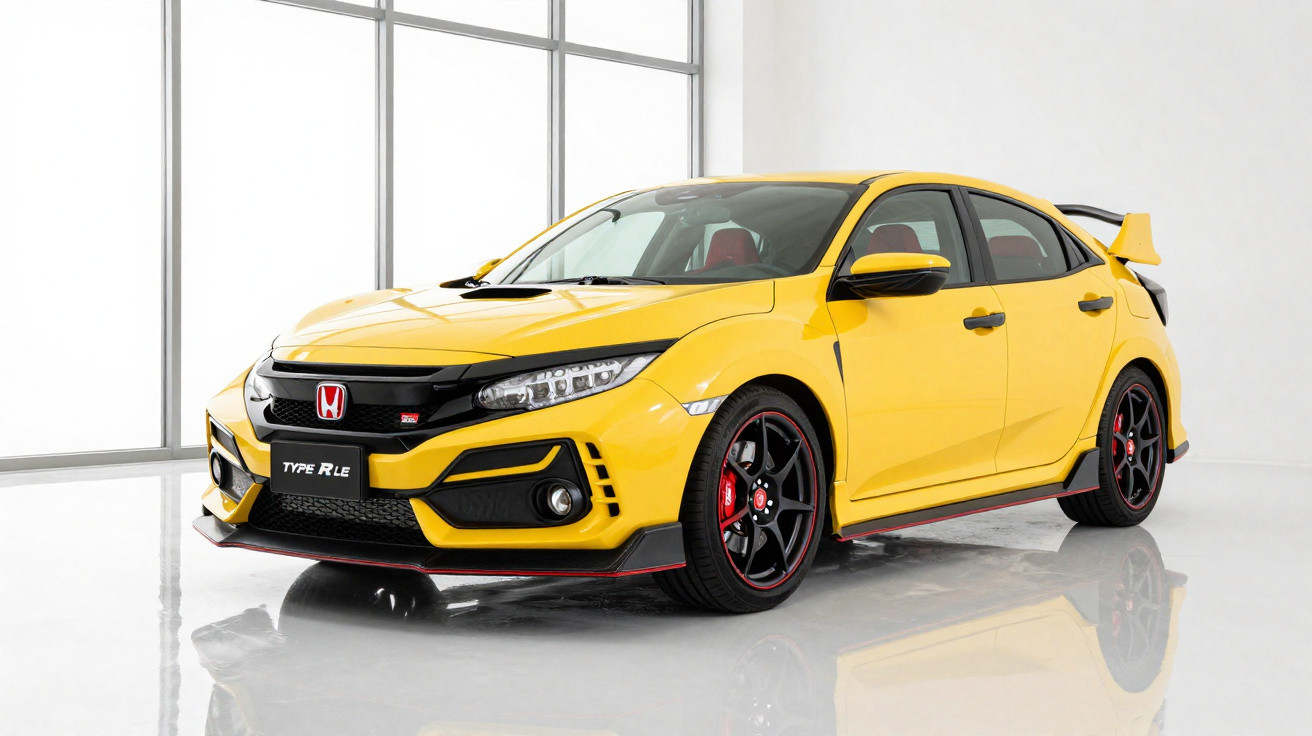 Carro esportivo Honda Civic Type R amarelo em ambiente branco com rodas pretas e detalhes vermelhos.